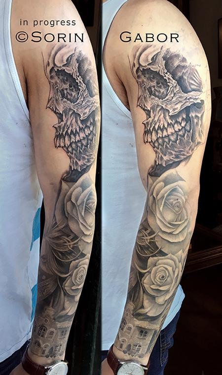 Tattoos - realistic and graphic black and gray sleeve tattoo in progress - 131436